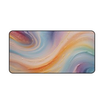 Story Nest Books Pastel Rainbow Desk Mat | Soft Aesthetic Mouse Pad Abstract Paint Swirl Fairycore Cottagecore Office Decor - 16" Ã— 32"