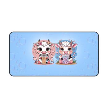 Story Nest Books Cow Desk Mat With Bubble Tea Cute Pastel Decor For Lovers Gamers Students Best Friend Gift Mouse Pad - 16" Ã— 32"