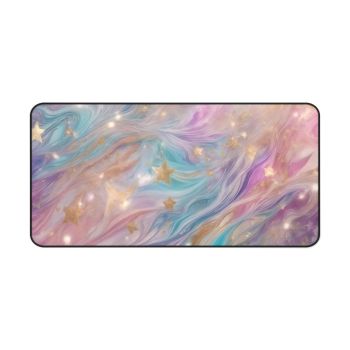 Story Nest Books Cosmic Pastel Desk Mat With Shimmer Stars | Magical Rainbow Marble Mousepad For Workspaces & Gaming - 16" Ã— 32"