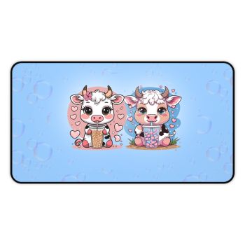 Story Nest Books Cow Desk Mat With Bubble Tea Cute Pastel Decor For Lovers Gamers Students Best Friend Gift Mouse Pad - 12" Ã— 22"