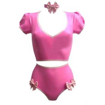House Of Dasein Latex Rubber Women Pink Top Shirt And Shorts With Neck Collar Handmade Costumes - Pink - L