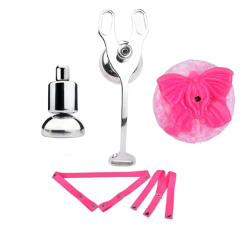 House Of Dasein Strap-Ons Stainless Steel Chastity Cages Inward Pressure Penis Lock Silicone Clit Bdsm Toy - Pink Belt Red Head
