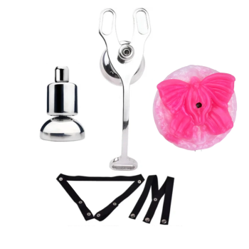 House Of Dasein Strap-Ons Stainless Steel Chastity Cages Inward Pressure Penis Lock Silicone Clit Bdsm Toy - Black Belt Red Head