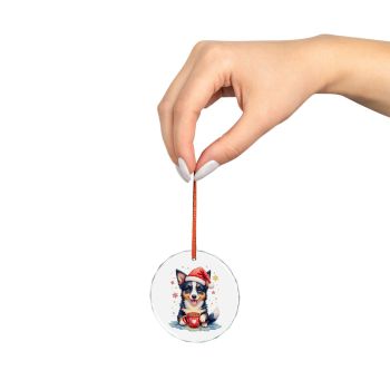 Story Nest Books Border Collie Puppy In Santa Hat Crystal Glass Ornament | Christmas Hot Cocoa Dog Lovers Gift