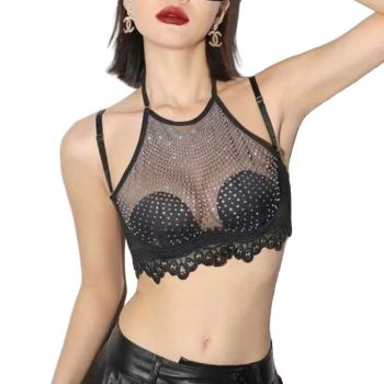 House Of Dasein Summer Thin Strapless Backless Small Chest Gathering Bra Rhinestone Mesh Minimizing Pure Desire Girl - Black - S
