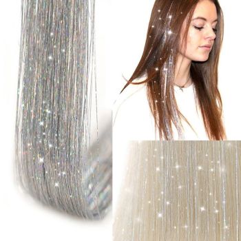 Hair Tinsels Festival Extensions Glitter 12 Piece Clip On Accessory Set 52Cm Long Christmas And New Year Suitable For Women Girls Children (Silver)