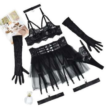 House Of Dasein Sexy Lingerie Lace See Through Mesh Fluffy Skirt Six Piece Set For Women - Black - M