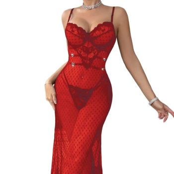 House Of Dasein Sexy And Alluring Lace Sheer Fitted Lingerie With Butt-Lifting Bodysuit Two-Piece Set - Red - Xl
