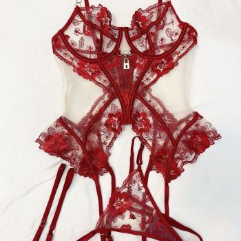 House Of Dasein Sexy Bra Set Transparent Mesh Splicing Lace Lingerie Underwear Three-Piece Suit - Wine Red - S