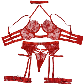 House Of Dasein Sexy Cross-Strap Embroidered Sheer Mesh Splicing Lingerie Set For Women - Red - L
