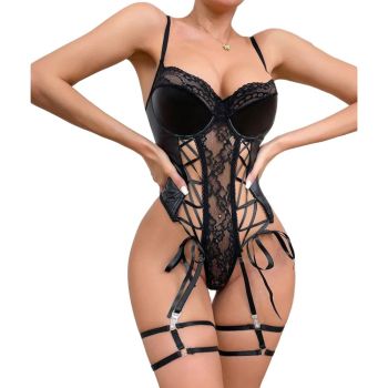 Lingerie Bodysuit With Pu Leather And Lace Trim Push-Up Bra Fitted Underwear For Nightclub - Black - L