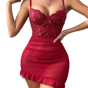 House Of Dasein Lingerie With Lace Splicing And Strap Temptation Net Underwear Ruffle Skirt - Wine Red - S