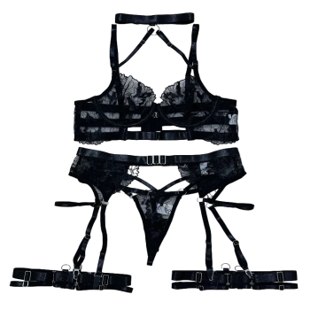 House Of Dasein Sexy Cross-Strap Embroidered Sheer Mesh Splicing Lingerie Set For Women - Black - M