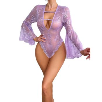 House Of Dasein Seductive Transparent Jumpsuit With Flare Sleeves And Lace Pajamas Deep V Hollow Out Erotic Underwear - Lavender Purple - L