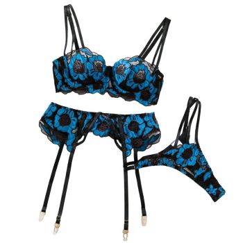 Sexy Floral Embroidered Bra Set - Hollow Out Transparent Lingerie For Women - Blue - S