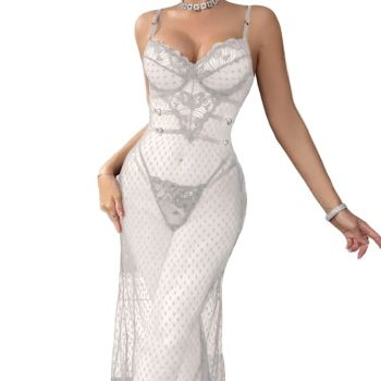 House Of Dasein Sexy And Alluring Lace Sheer Fitted Lingerie With Butt-Lifting Bodysuit Two-Piece Set - White - S