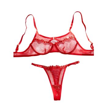 House Of Dasein Sexy Embroidered Splicing Hollow Design Underwear Two Piece Set - Red - M