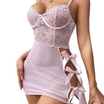 House Of Dasein Transparent Lace Splicing Lingerie With Thong And Thin Sleepwear Bow Backless Skirt Set - Pink - M