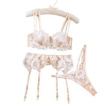 Sexy Floral Embroidered Bra Set - Hollow Out Transparent Lingerie For Women - White - M