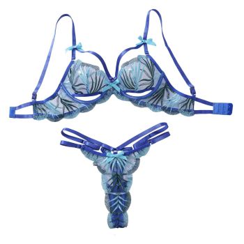 House Of Dasein Thin Embroidered Sexy Hollow Out Lingerie Two-Piece Set For Women - Blue - S