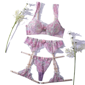 House Of Dasein Light Purple Floral Embroidery Cute Feminine Lingerie Set Bra Panties Garter - M