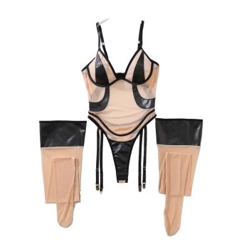 Mesh Pu Leather Patchwork Jumpsuit Leg Socks Ultra Thin Non Removable Lingerie Set - Black Skin Color - L