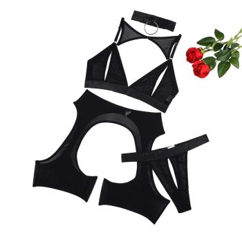Solid Color Splicing Mesh Underwear Perspective Hollow Out Fun Four Piece Set - Black - S