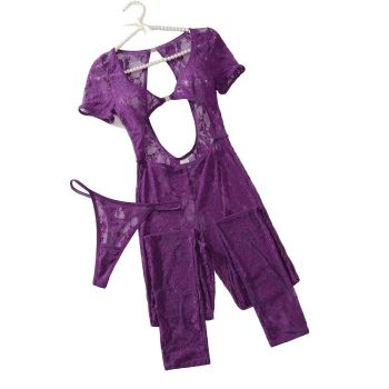 House Of Dasein Purple Sexy Lace Suit With Hollowed Out Exposed Navel And See Through Tight Fitting Jumpsuit Underwear - M