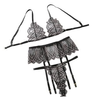 House Of Dasein Mesh Perspective Slimming Bra Set Sexy Underwear 3 Piece - Black - S