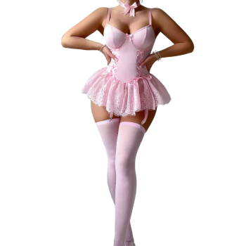 House Of Dasein Retro Pure Temptation Sexy Deep V Neck Lace Trim One Piece Dress Lingerie - Pink - S