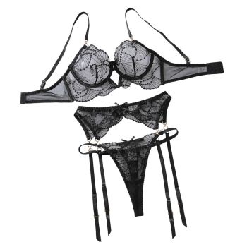 Perspective Embroidered Sexy Bra Set With Lace Underwear And Three Piece - Black - M