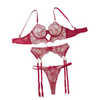 Perspective Embroidered Sexy Bra Set With Lace Underwear And Three Piece - Wine Red - S