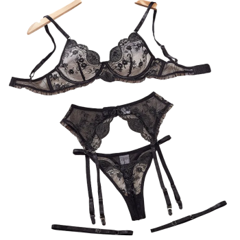 Sexy Bra Set Embroidered Mesh Splicing Underwear Garter Belt Four Piece - Black - M
