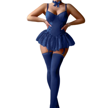 House Of Dasein Retro Pure Temptation Sexy Deep V Neck Lace Trim One Piece Dress Lingerie - Royal Blue - Xxl