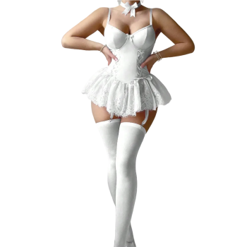 House Of Dasein Retro Pure Temptation Sexy Deep V Neck Lace Trim One Piece Dress Lingerie - White - Xl