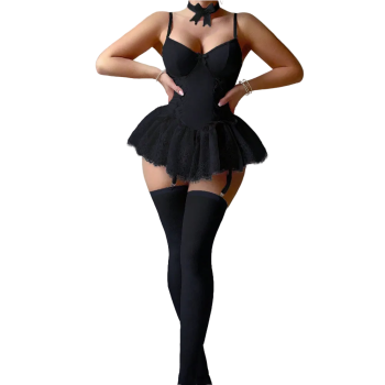 House Of Dasein Retro Pure Temptation Sexy Deep V Neck Lace Trim One Piece Dress Lingerie - Black - Xl