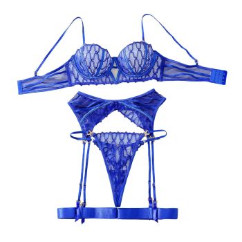 House Of Dasein Blue Embroidery Gathered Perspective Slim Fit Sexy Lingerie Split Set - Royal Blue - L