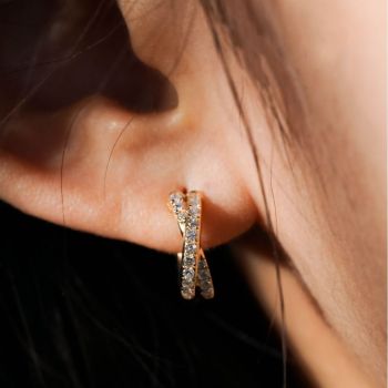 S925 Sterling Silver Cross Double Row CZ Ear Cuff - 18K Gold Plated Solid Twisted Hoop Earrings for Women - Delicate Fine Jewelry for Daily Wear - Gold Small