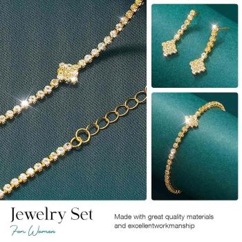 Bridal Zircon Jewelry Set 3-in-1 - Earrings Bracelet Necklace for Wedding Party - Crystal Shiny Bridal Jewelry Set for Women - Gold