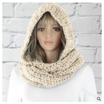 Women Winter Hooded Knit Scarf - Warm Solid Color Cape Scarf Wrap with Hood - Soft Acrylic Winter Neck Warmer for Cold Weather - Gray