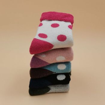 Wool Blend Terry Socks 5-Pack - Winter Thick Warm Mid Calf Crew Socks for Women - Polka Dot Pattern Cotton Socks - 5 Pairs