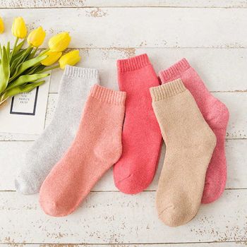Wool Blend Terry Socks 5-Pack - Winter Thick Warm Mid Calf Crew Socks for Women - Solid Color Cotton Socks - 5 Pairs