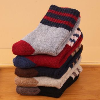 Wool Blend Terry Socks 5-Pack - Winter Thick Warm Mid Calf Crew Socks for Women - Two Stripe Pattern Cotton Socks - 5 Pairs