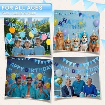 Pre-Strung Happy Birthday Banner & Felt Garland Set - Ombre Blue Birthday Decorations for Women Men Boys Girls | Reusable Party Supplies for Indoor & Outdoor