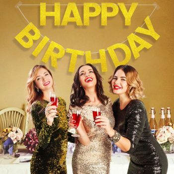 Happy Birthday Banner - 9 ft Pre-Strung Backdrop Sign for Women, Men, Girls, Boys - No DIY Gold Glitter Birthday Decorations & Party Supplies