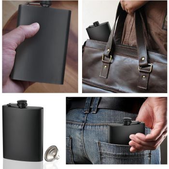 2 Pack Hip Flasks for Liquor, 8 Oz & 12 Oz Stainless Steel Leakproof Thin Flasks with Funnel for Men & Women (Matte Black)