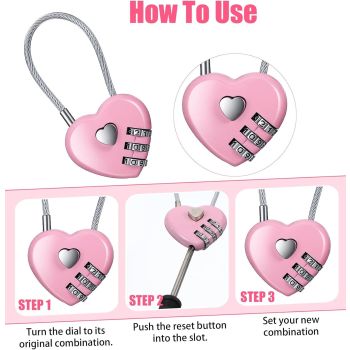 Pink Locker Lock, 3Pcs Heart Shaped Lock, Heart Locks for Suitcase & Locker (3 Colors)