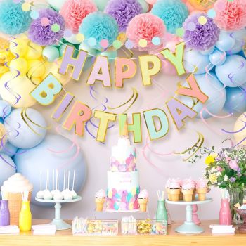 Macaron Birthday Decorations - 20-Pc Set with Pre-Strung Happy Birthday Banner, Tissue Paper, Garland, Swirls | Pastel Party Supplies for Women Girls Baby Shower, Adults Birthday Party Decor