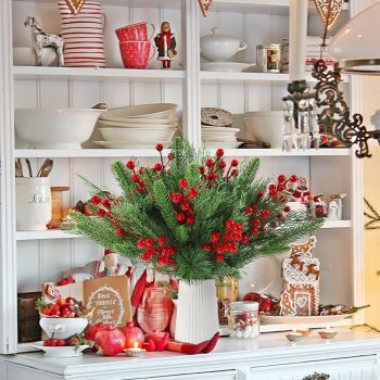 60 PCS Artificial Pine Branches Christmas Faux Pine Greenery Stems Red Holly Berries Fake Cedar Pine Needles Picks for Christmas Tree Wreath Garland  Holiday Home Decoration