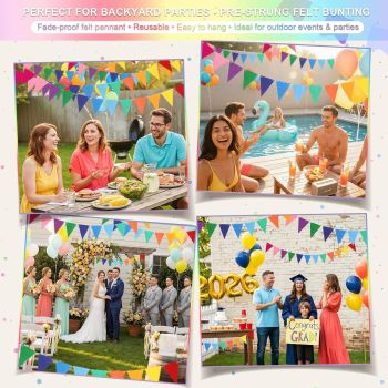 Pennant Banner Flags - 6-Pack Pre-Strung Rainbow Party Garland | Felt Triangle Bunting for Birthdays, Baby Showers, Weddings, Pride, Carnival and Festival Decorations